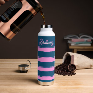 Blue and Pink Stripes Pattern Personalized Water Bottle