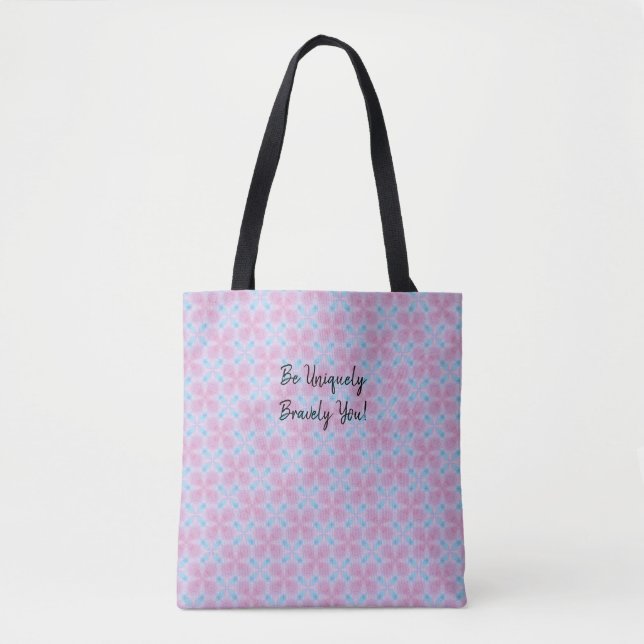 Blue and pink tote bag with text (Front)