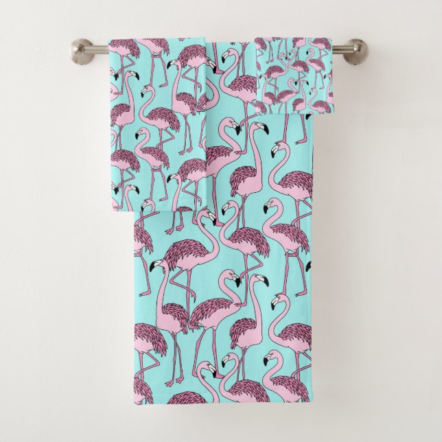 Blue and Pink Tropical Flamingo Bathroom Towel Set (Insitu)