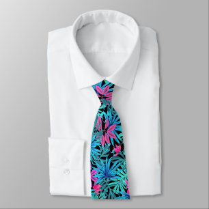 Blue and Pink Tropical Leaves Illustration Tie