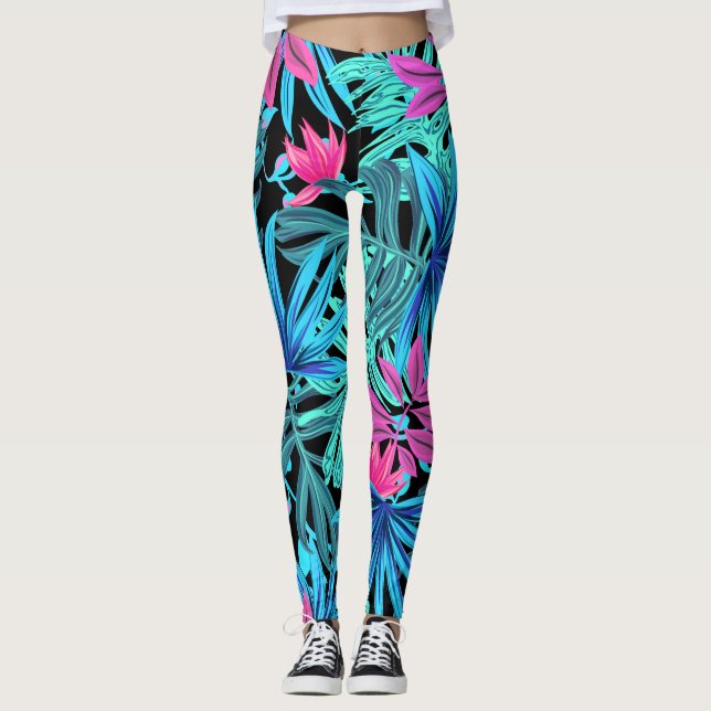 Blue and Pink tropical Print Leggings (Front)