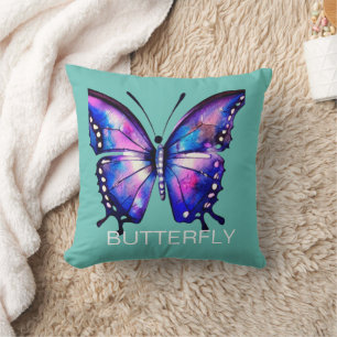 Blue and pink watercolor butterfly throw pillow