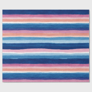 Blue and Pink Watercolor Coastal Stripes Wrapping Paper