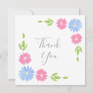Blue and Pink Watercolor Daisies Thank You Card