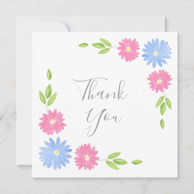 Blue and Pink Watercolor Daisies Thank You Card (Front)