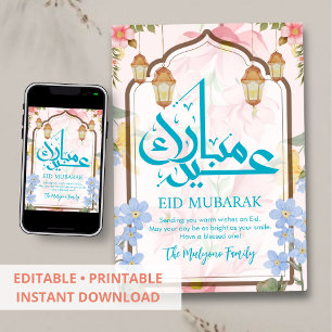 Blue and Pink Watercolor Floral Eid Mubarak Card
