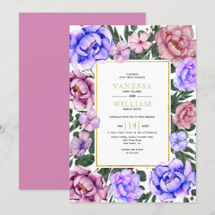 Blue and pink watercolor flowers spring wedding invitation