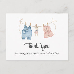 Blue and Pink Watercolor Gender Reveal Thank You Postcard