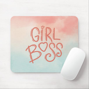 Blue and Pink Watercolor Girl Boss Mouse Pad