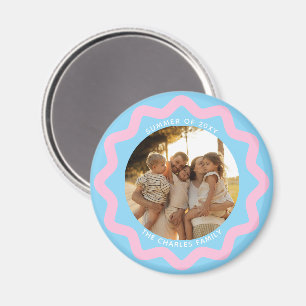 Blue and Pink Wavy Circle Photo Frame with Text Magnet