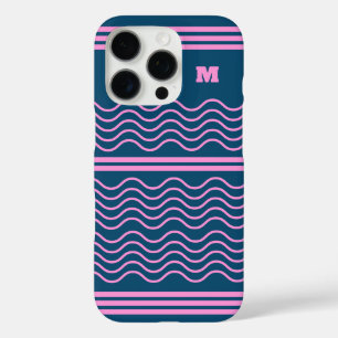 Blue and Pink Wavy Stripes Pattern Monogram iPhone 16 Pro Case