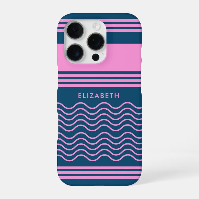 Blue and Pink Wavy Stripes Pattern Monogram iPhone Case (Back)