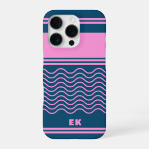 Blue and Pink Wavy Stripes Pattern Monogram iPhone 16 Pro Case
