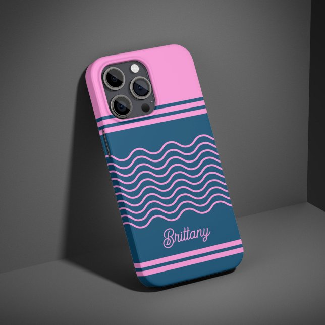 Blue and Pink Wavy Stripes Pattern Personalized  iPhone Case (Creator Uploaded)