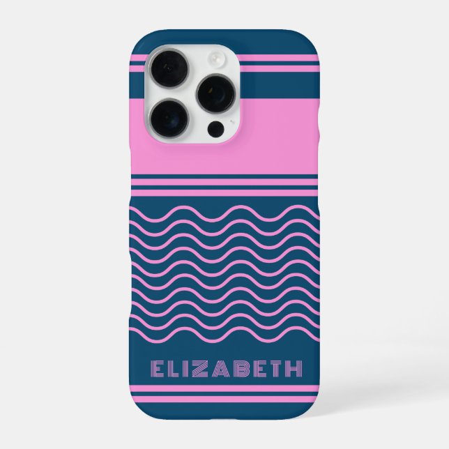 Blue and Pink Wavy Stripes Pattern Personalized  iPhone Case (Back)