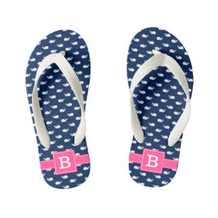 Blue and Pink Whales Square Monogram Kid's Flip Flops
