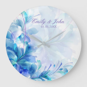 Blue And Purple Abstract Flowers - Save The Date Large Clock