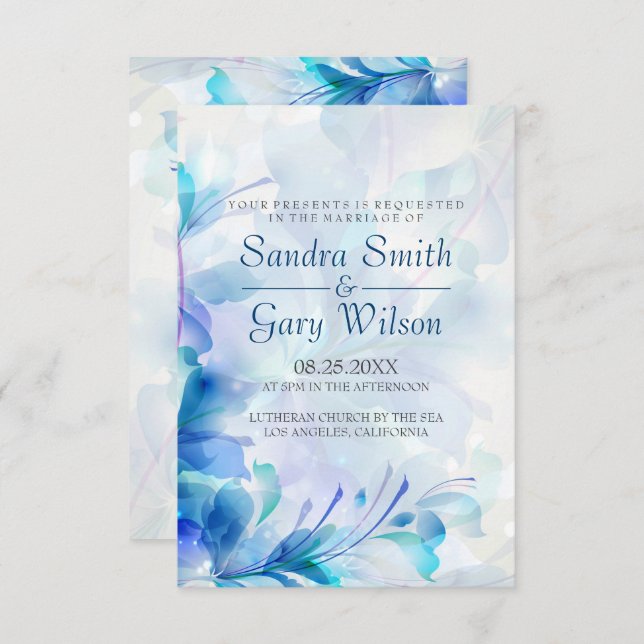 Blue And Purple Abstract Flowers Wedding Invitation (Front/Back)