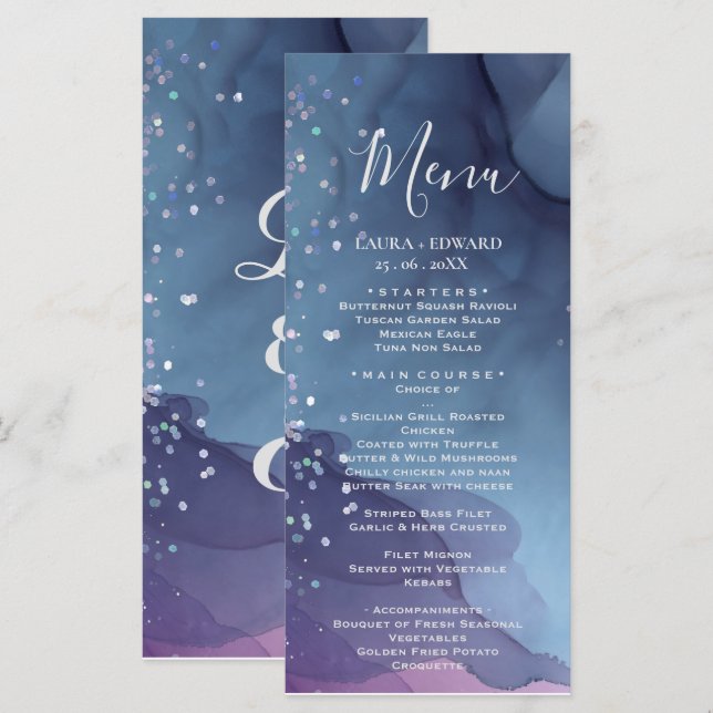Blue and purple alcohol ink with glitter mystic menu (Front/Back)