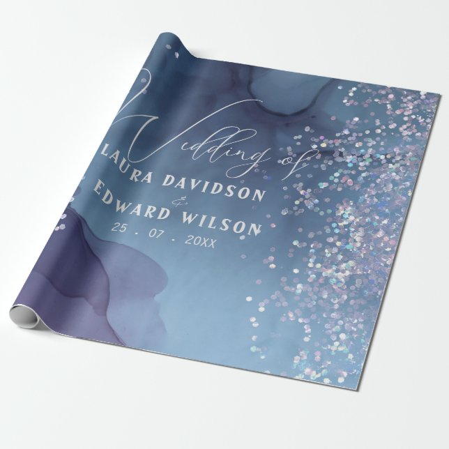 Blue and purple alcohol ink with glitter mystic wrapping paper (Unrolled)