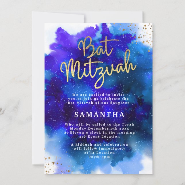 Blue and Purple Bat Mitzvah Invitation (Front)
