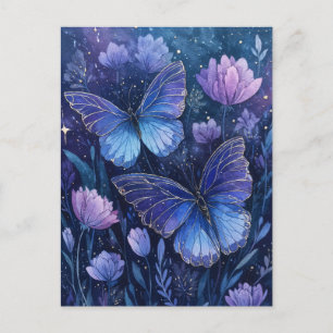 Blue and Purple Butterfly in Starry Floral Garden Postcard