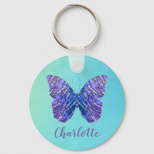 Blue and Purple Butterfly Name Monogram Keychain
