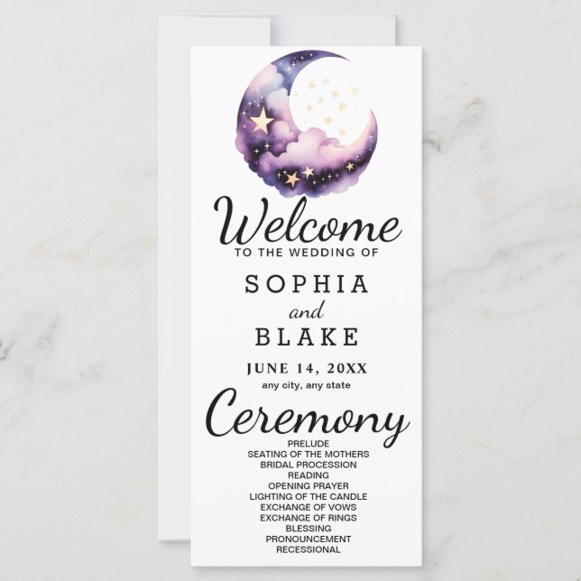 Blue and Purple Crescent Moon Wedding Program (Front)