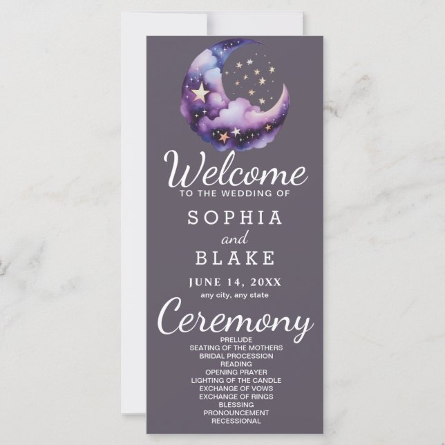 Blue and Purple Crescent Moon Wedding Program (Front)
