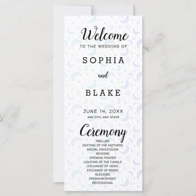 Blue and Purple Crescent Moons Wedding Program (Front)