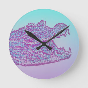 Blue and Purple Crocodile Print Round Clock