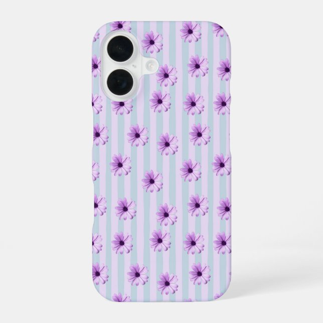 Blue and Purple Daisy Pattern iPhone 16 Case (Back)