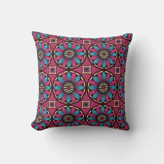 Blue and Purple Daisy Pattern Throw Pillow (Front)