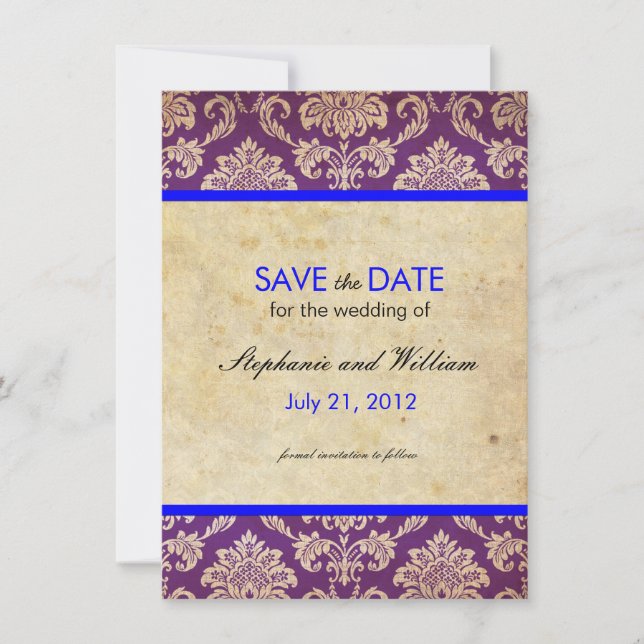 Blue and Purple Damask Wedding Save the Date (Front)
