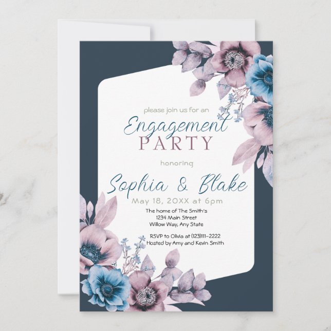 Blue and Purple Floral Grey Engagement Party  Invitation (Front)