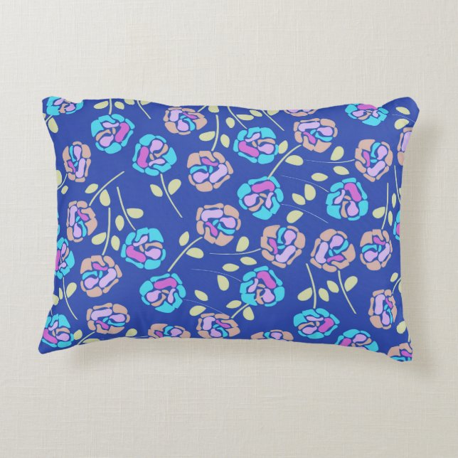 Blue and Purple Floral Pattern Accent Pillow (Back)
