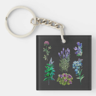 Blue and purple flowers in watercolors keychain