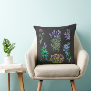 Blue and purple flowers in watercolors throw pillow