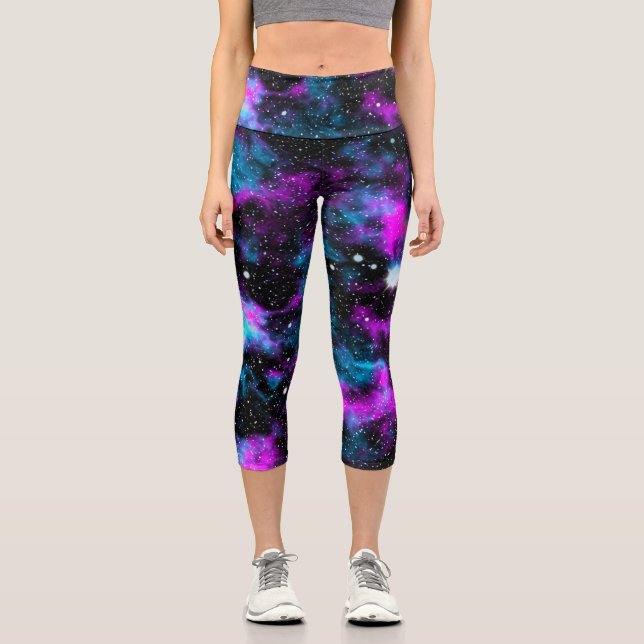 Blue and Purple Galaxy Neon Yoga Capri Leggings (Front)