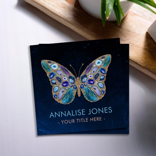 Blue and Purple Geodes Butterfly Square Business C Card (Creator Uploaded)