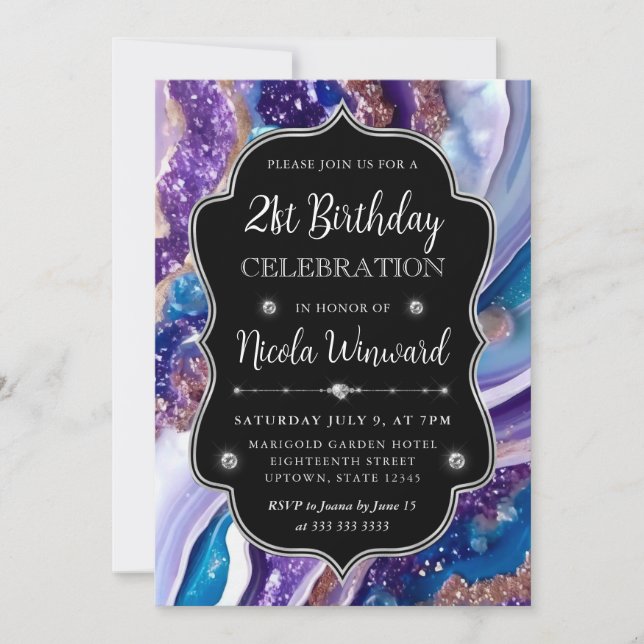 Blue and Purple Glitter Marble Agate 21st Birthday Invitation (Front)