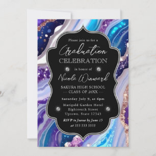 Blue and Purple Glitter Marble Agate Graduation Invitation