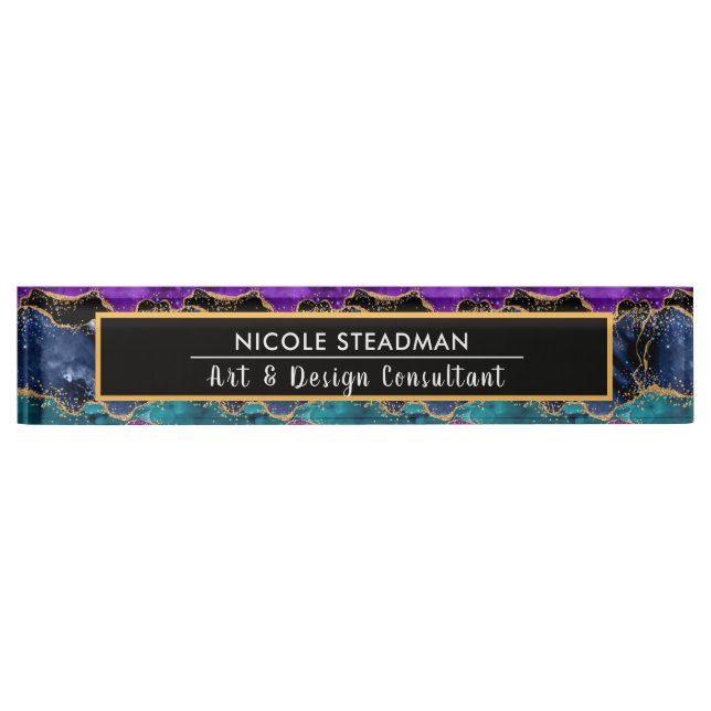 Blue and Purple Glitter Peacock Agate Square Nameplate (Front)