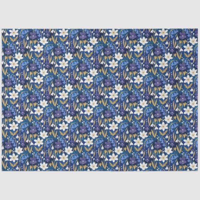 Blue and Purple Illustrated Floral Decoupage Tissue Paper (Front)