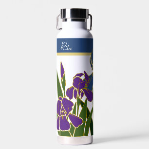 Blue and Purple Iris with Name Water Bottle