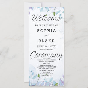 Blue and Purple Leaves White Wedding Program