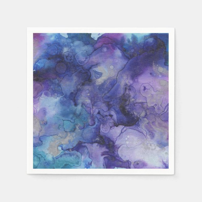 Blue and Purple Liquid Watercolor Marbled Paint Napkin (Front)