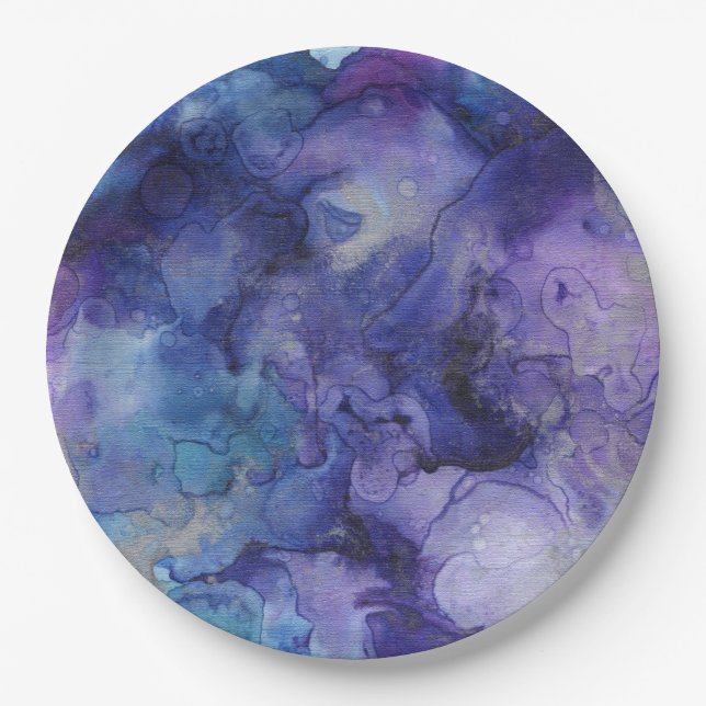 Blue and Purple Liquid Watercolor Marbled Paint   Paper Plate (Front)