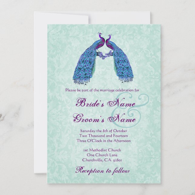 Blue and Purple  Lovebird Peacocks Wedding Invitation (Front)