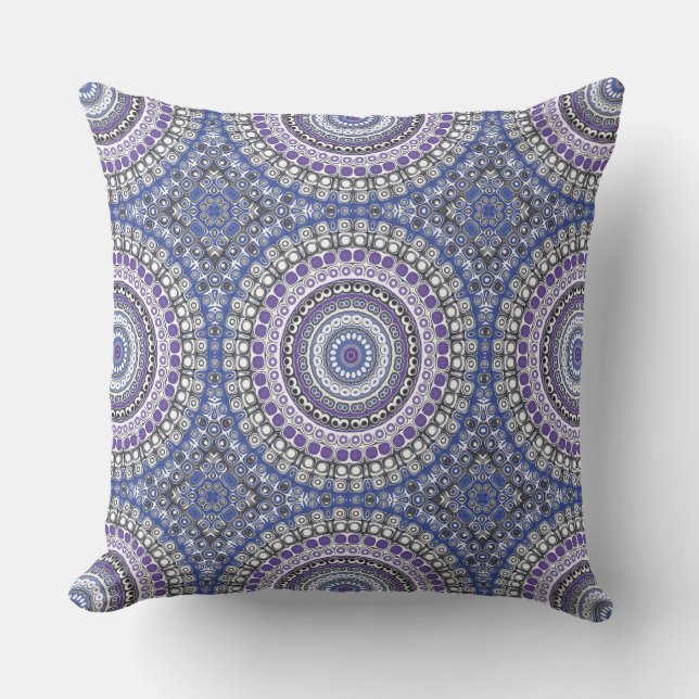 Blue and Purple Mandala Geometric Circular Pattern Throw Pillow (Front)